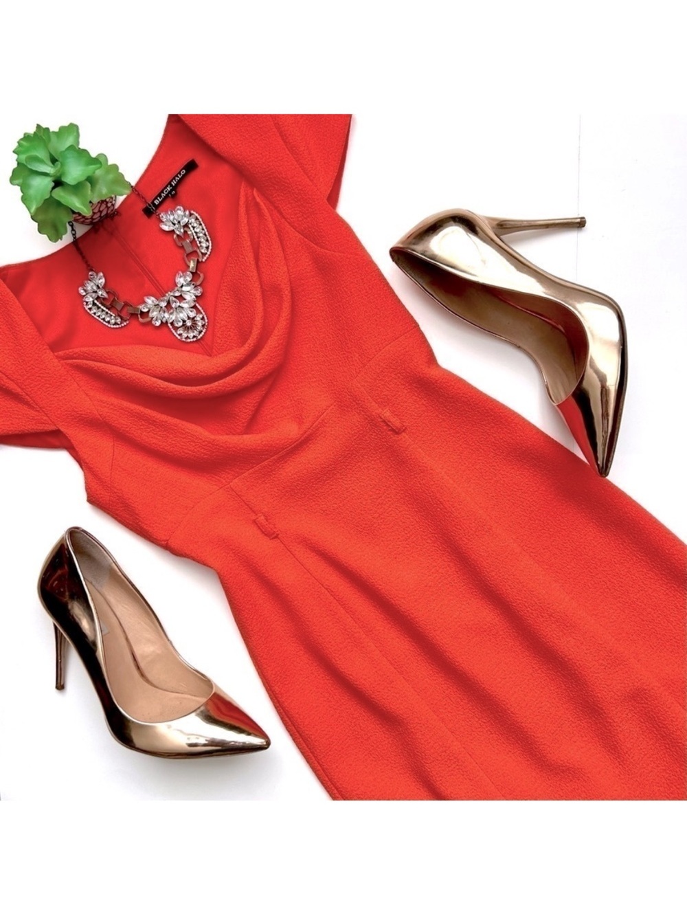 Black Halo Virtue Dress Jackie O Belted Cowl Neck Cocktail Sheath Melon Orange 0